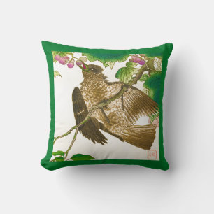 Japanese Drawing of Jay on a Grape Vine Cushion