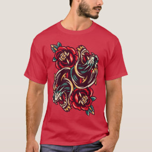 Japanese Duel Tigers Flowers Tattoo Art Style T-Shirt