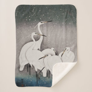 Japanese Egrets Cranes Bird Winter Snow Art Sherpa Blanket