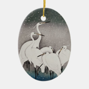 Japanese Egrets Koson Cranes Winter Snow Ceramic Tree Decoration