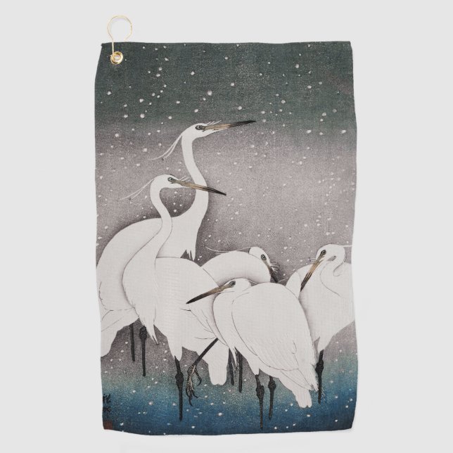 Japanese Egrets Koson Cranes Winter Snow Golf Towel (Front)