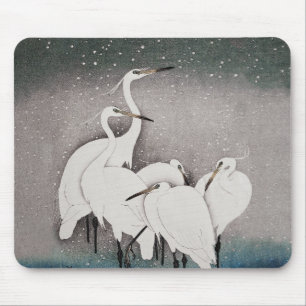 Japanese Egrets Koson Cranes Winter Snow Mouse Pad