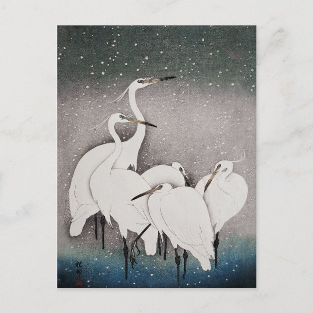 Japanese Egrets Koson Cranes Winter Snow Postcard (Front)