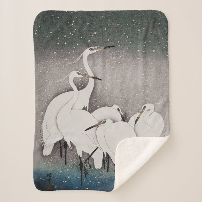 Japanese Egrets Koson Cranes Winter Snow Sherpa Blanket (Front)