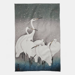 Japanese Egrets Koson Cranes Winter Snow Tea Towel