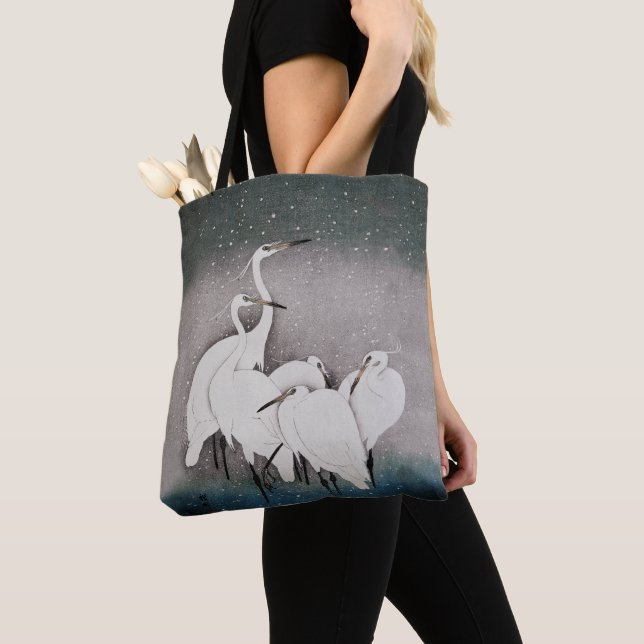 Japanese Egrets Koson Cranes Winter Snow Tote Bag (Close Up)