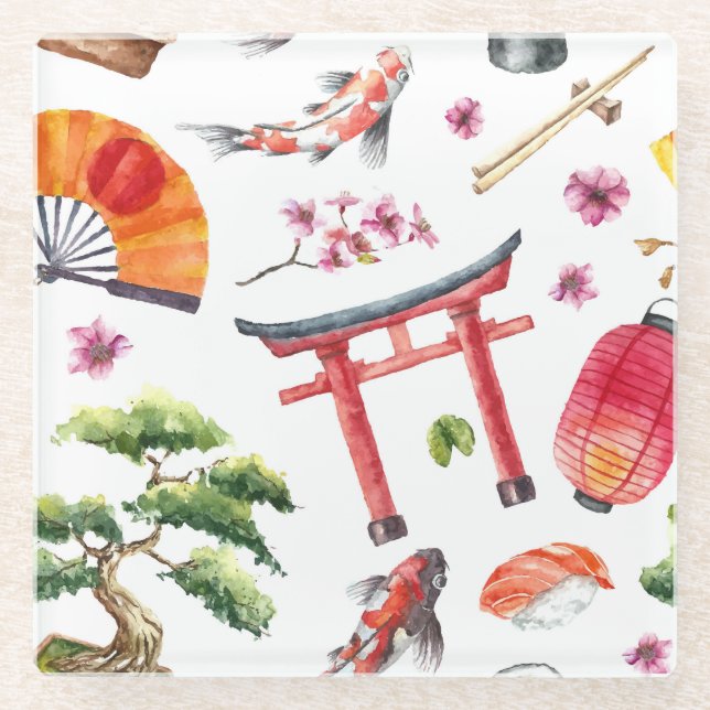 Japanese Elements Watercolor Seamless Texture Glass Coaster (Front)