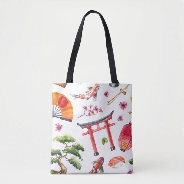 Japanese Elements Watercolor Seamless Texture Tote Bag (Front)