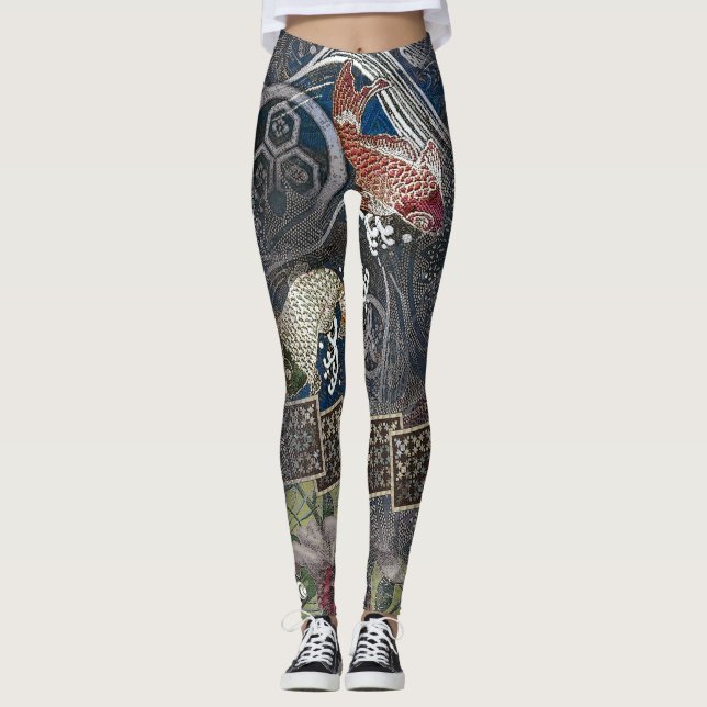 Japanese Embroidered Silk Koi Leggings (Front)