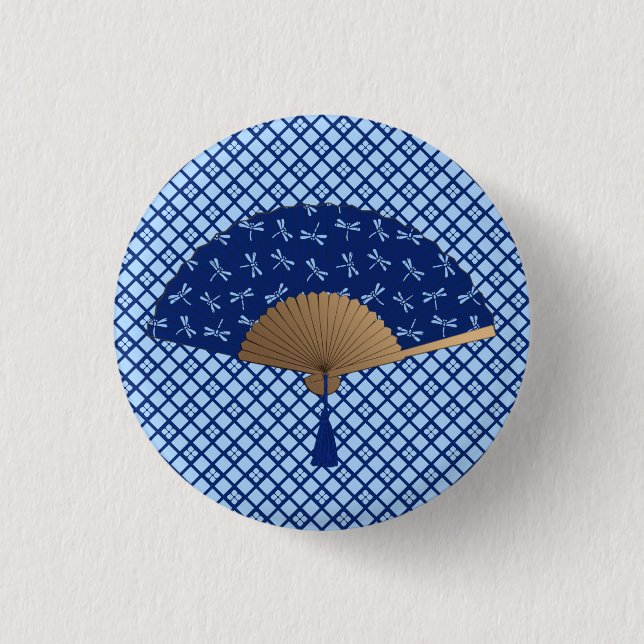Japanese Fan, Dragonfly Pattern, Cobalt Blue 3 Cm Round Badge (Front)