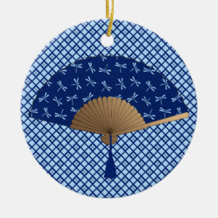 Japanese Fan, Dragonfly Pattern, Cobalt Blue Ceramic Tree Decoration