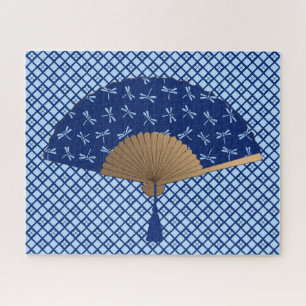Japanese Fan, Dragonfly Pattern, Cobalt Blue Jigsaw Puzzle
