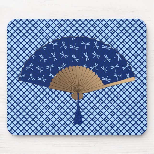 Japanese Fan, Dragonfly Pattern, Cobalt Blue Mouse Pad (Front)