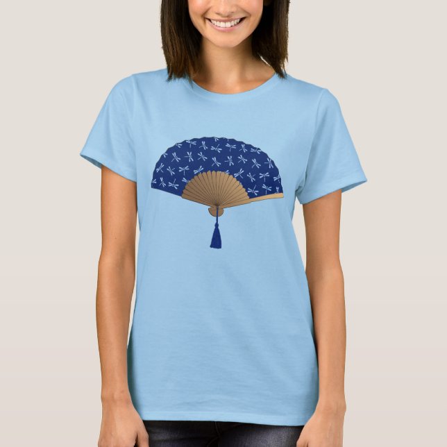 Japanese Fan, Dragonfly Pattern, Cobalt Blue T-Shirt (Front)