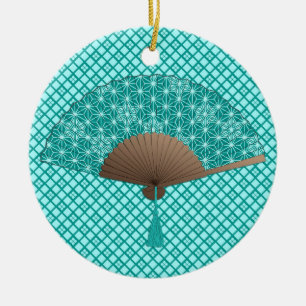 Japanese Fan in Asanoha pattern, Turquoise Ceramic Tree Decoration