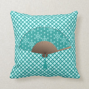 Japanese Fan in Asanoha pattern, Turquoise Cushion