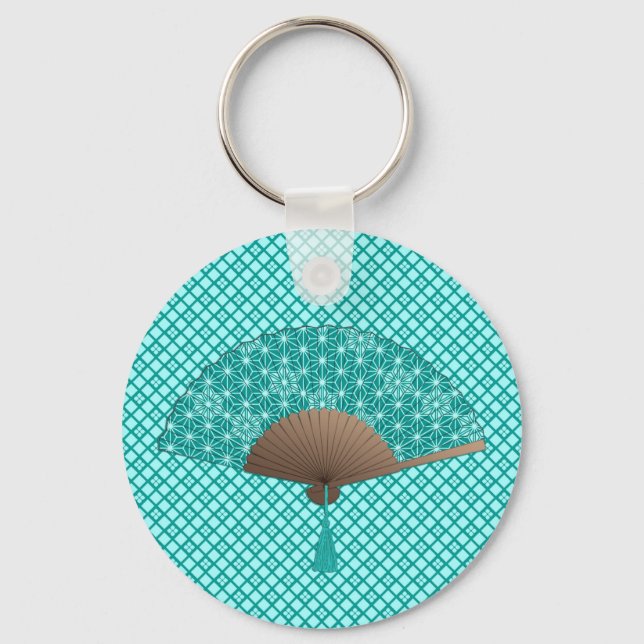 Japanese Fan in Asanoha pattern, Turquoise Keychai Key Ring (Front)