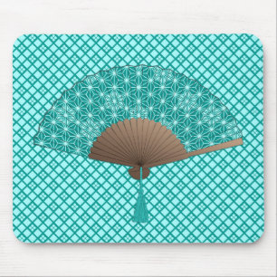 Japanese Fan in Asanoha pattern, Turquoise Mouse Pad