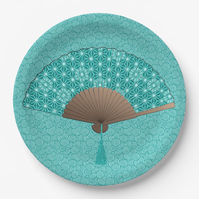 Japanese Fan in Asanoha pattern, Turquoise Paper Plate (Front)