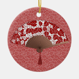 Japanese Fan in Leaf Print, Dark Red and White Ceramic Tree Decoration
