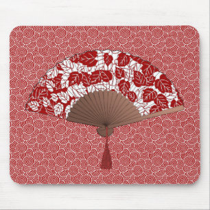Japanese Fan in Leaf Print, Dark Red and White Mouse Pad