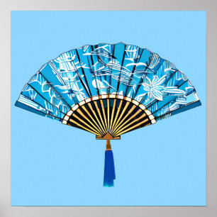 Japanese Fan in Turquoise Blue and White Poster
