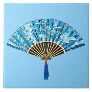 Japanese Fan in Turquoise Blue and White  Tile
