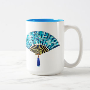 Japanese Fan in Turquoise Blue and White Two-Tone Coffee Mug