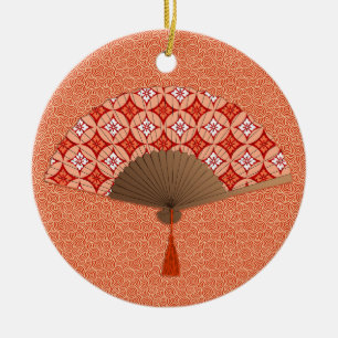 Japanese Fan, Shippo Motif, Mandarin Orange Ceramic Tree Decoration