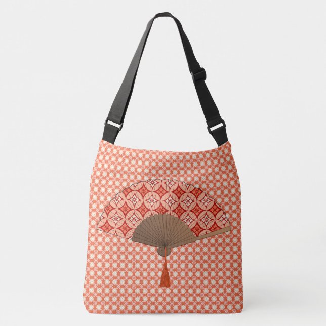 Japanese Fan, Shippo Motif, Mandarin Orange Crossbody Bag (Front)