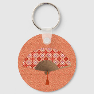 Japanese Fan, Shippo Motif, Mandarin Orange Keycha Key Ring