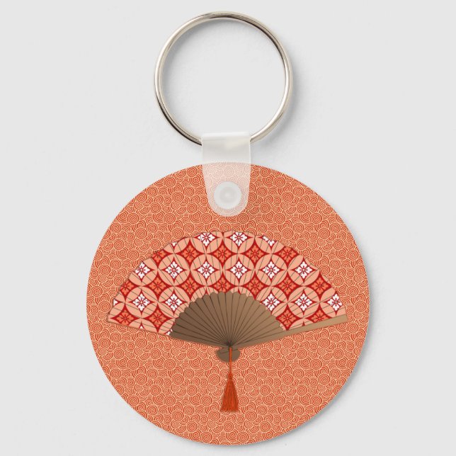 Japanese Fan, Shippo Motif, Mandarin Orange Keycha Key Ring (Front)