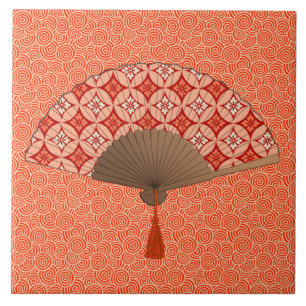 Japanese Fan, Shippo Motif, Mandarin Orange Tile