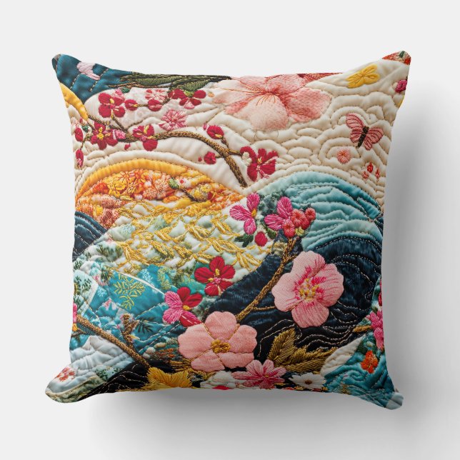 Japanese Faux Quilted Kimono Patchwork Cushion (Front)