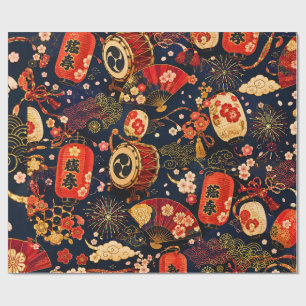 Japanese Festival Seamless Pattern with Lanterns,  Wrapping Paper