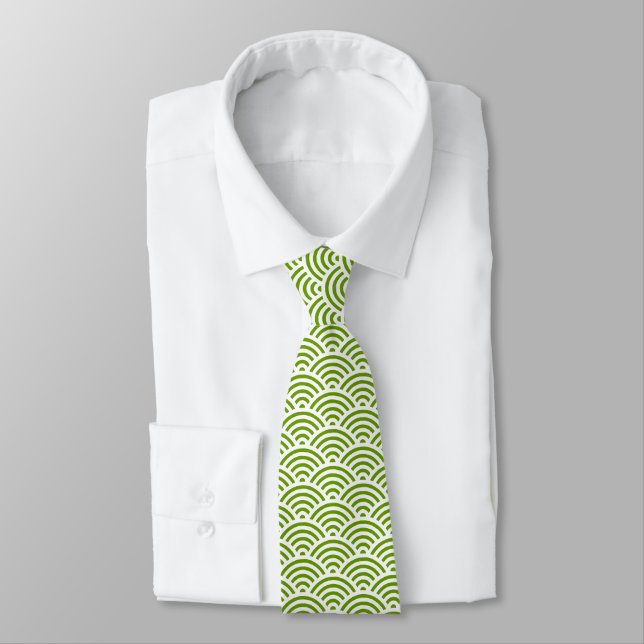 Japanese Fish Scale Pattern - White on Green Tie (Tied)