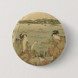 Japanese Fishing Woodblock Fishermen 6 Cm Round Badge