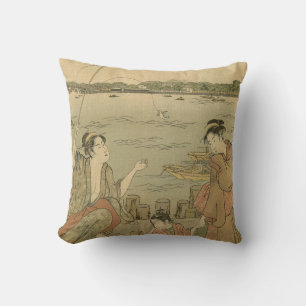 Japanese Fishing Woodblock Fishermen Cushion