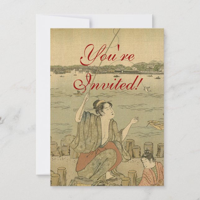 Japanese Fishing Woodblock Fishermen Invitation (Front)