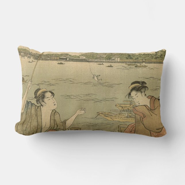 Japanese Fishing Woodblock Fishermen Lumbar Cushion (Front)