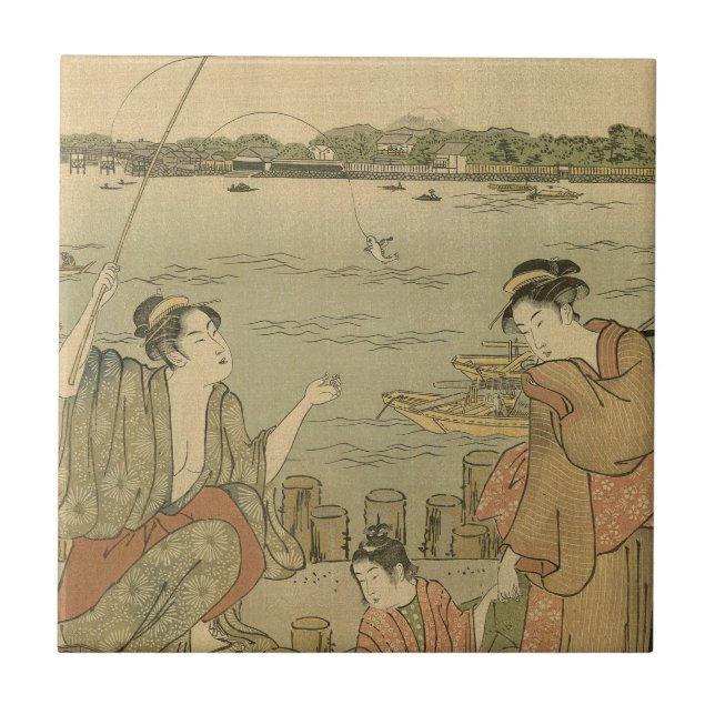 Japanese Fishing Woodblock Fishermen Tile (Front)