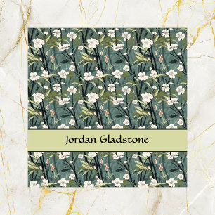 Japanese Floral and Bamboo Sage Black Template  Square Business Card
