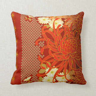 Japanese Floral Art Mums Red White Green Cushion