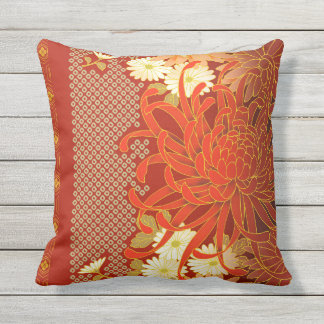 Japanese Floral Art Mums Red White Green Outdoor Cushion