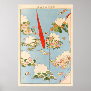 Japanese Floral Art Print Vintage Kimono Landscape