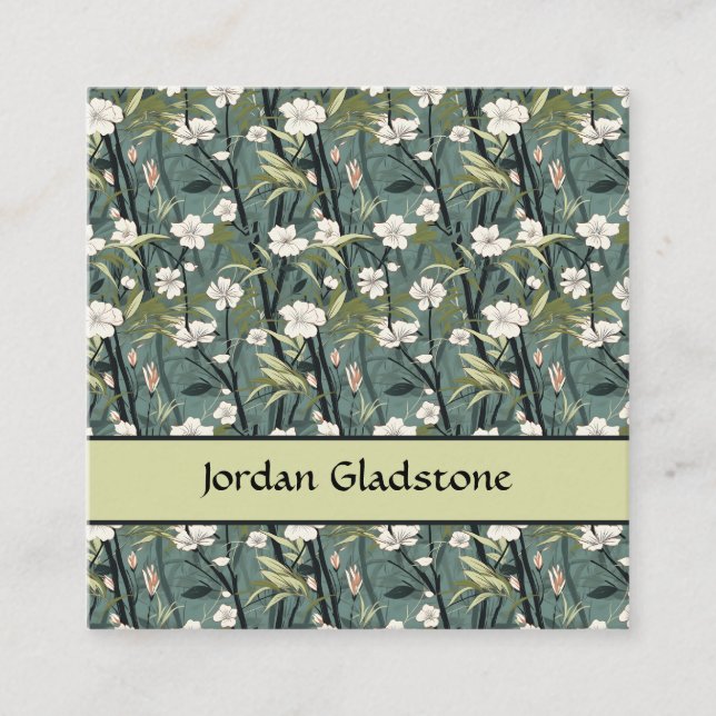 Japanese Floral Bamboo Sage Green Black Template  Square Business Card (Front)
