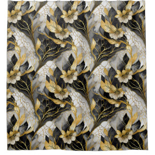 Japanese Floral Black Gold Shower Curtain