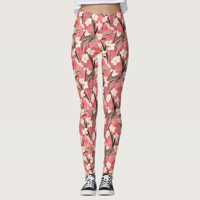 Japanese Floral Blossoms in White on Pink Burgundy Leggings (Front)
