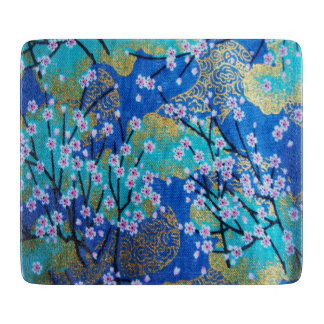 Japanese Floral Cherry Blossom Gold Blue Cutting Board