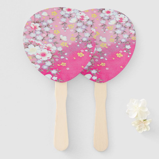 Japanese Floral Cherry Blossom Pink White  Hand Fan (Front and Back)